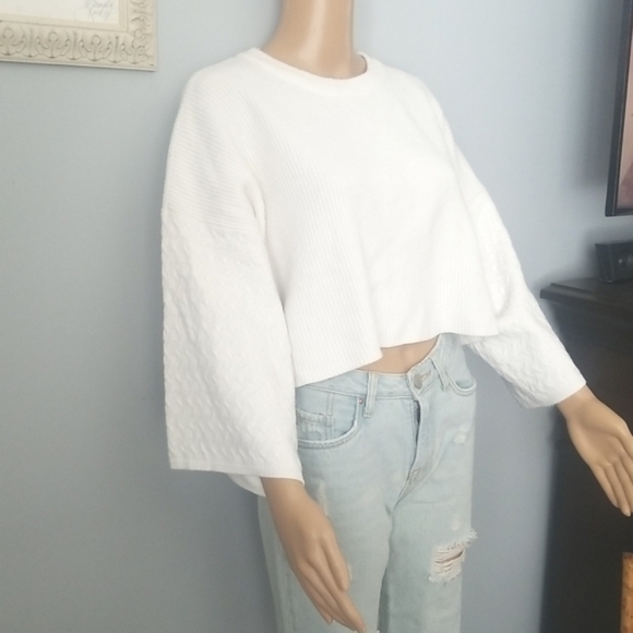 Modern Minimalist Cropped Knit Sweater | Oversized Boxy Textured Sleeves - Picture 3 of 15